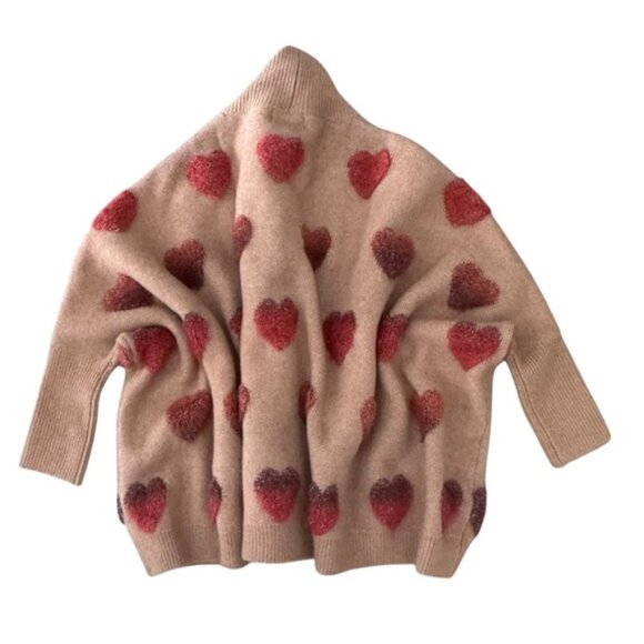 Look by M One Size Tan Wool Blend Cardigan w/Variegated 3D Heart Accents - Picture 7 of 10